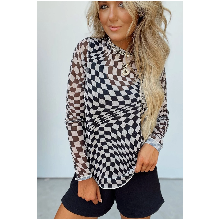 Checkered Mesh Long Sleeve