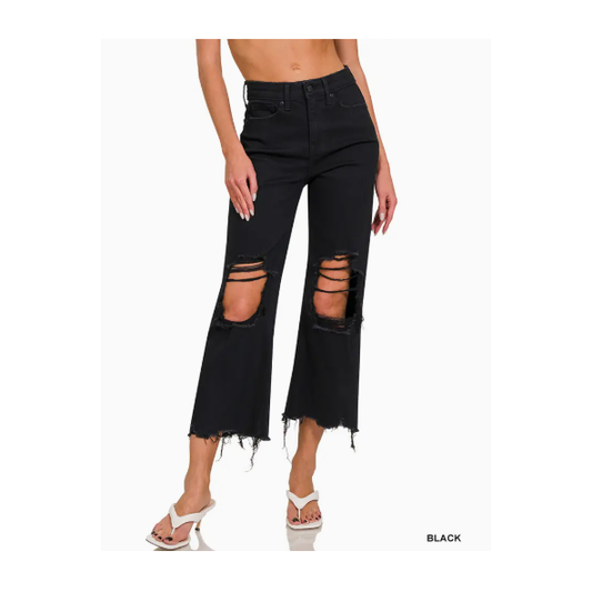 Distressed Knee Flare Crop High-Waist Pants