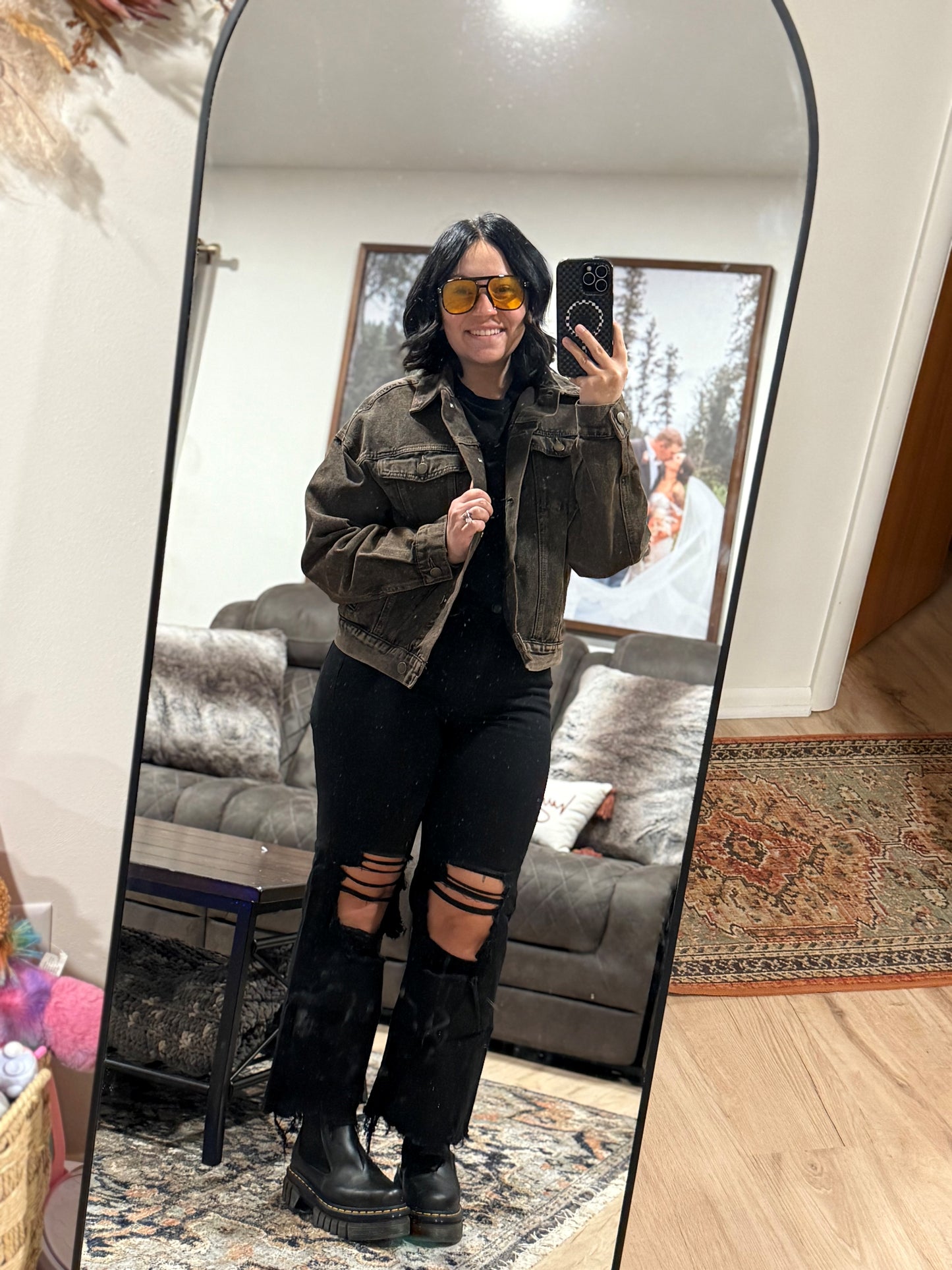 Vintage Oversized Denim Jacket - Brown/Black