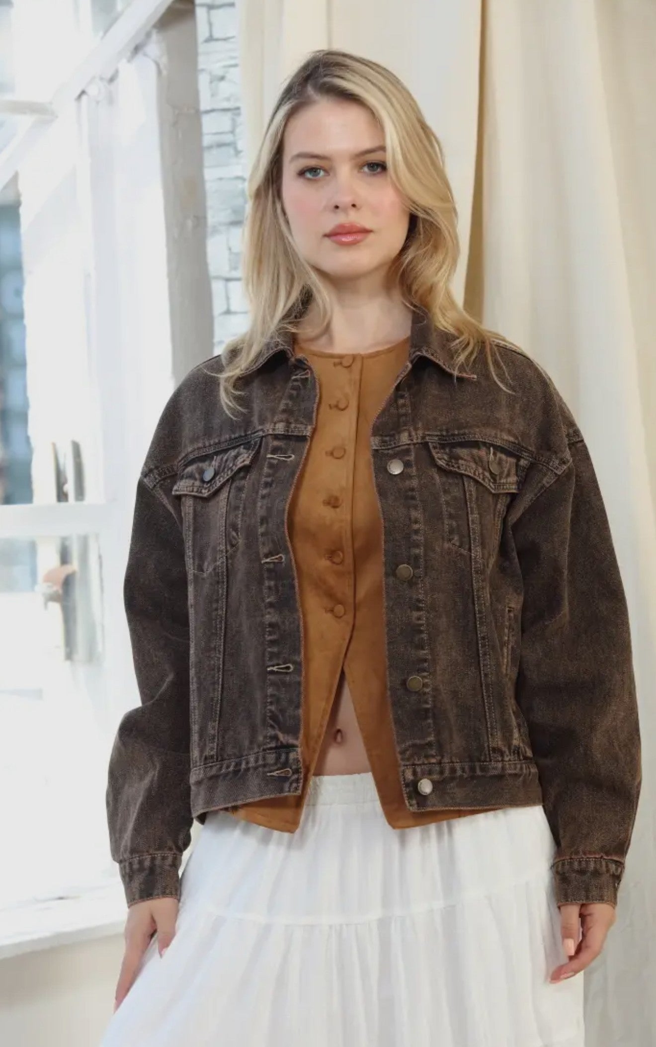 Vintage Oversized Denim Jacket - Brown/Black