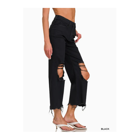Distressed Knee Flare Crop High-Waist Pants